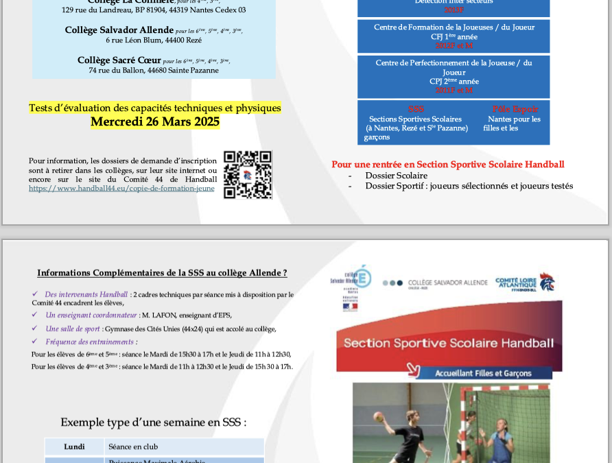 Annonce de recrutement au sein de la Section Sportive Scolaire Handball